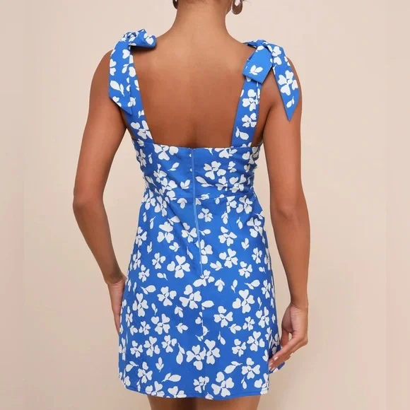 NWT! Lulus Bright Affection Cobalt Blue Floral Tie-Strap Mini Dress (Size XS) - Picture 3 of 9